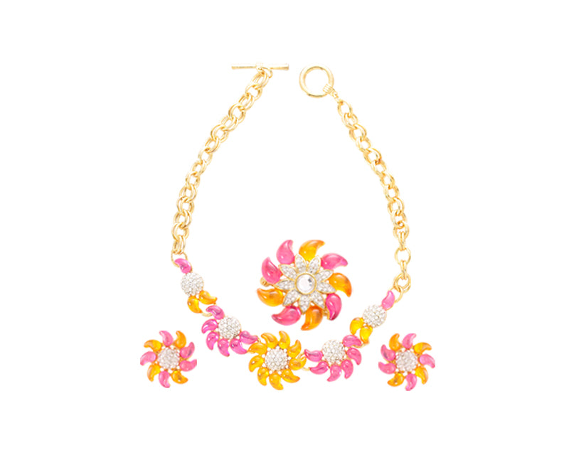 Golden Sunflower Crystal Earrings and Brooch and Necklace Jewelry Set