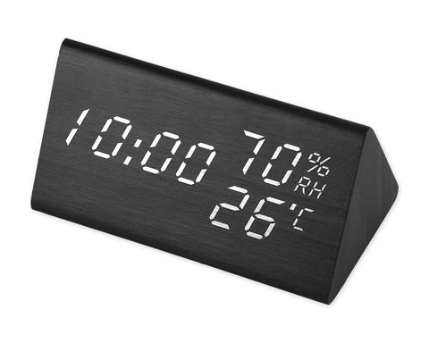 Wooden LED Digital Alarm Clock Wood Clock with Voice Activation - Black