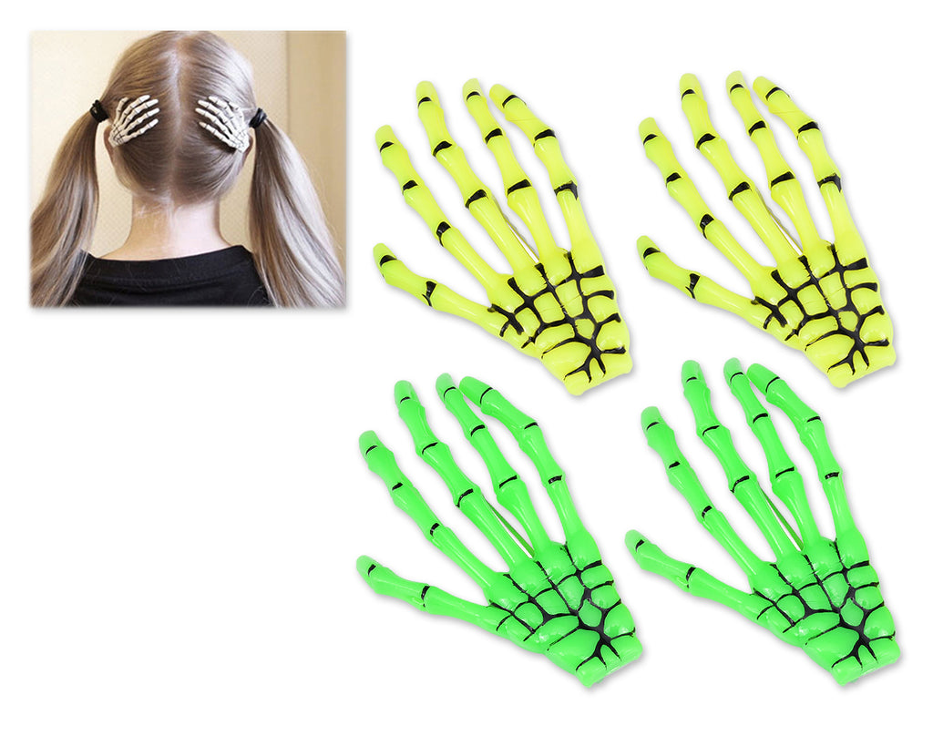 2 Pairs Gothic Skeleton Hands Bone Hair Clips - Yellow and Green