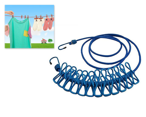 Portable Elastic Clothesline with 12 Pieces Clips - Blue
