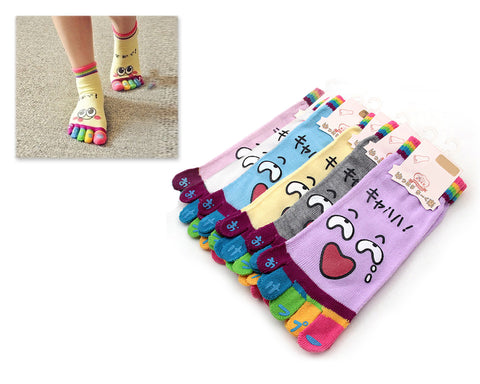 Facial Emotion Pattern 6 Pairs Five Fingers Toe Socks - Set A