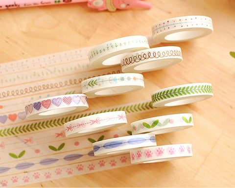 5 Pcs 10m Fresh Pattern Narrow Decorative Washi Tapes