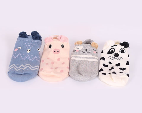 4 Pairs Animal Pattern Soft Cartoon Ankle Socks Set