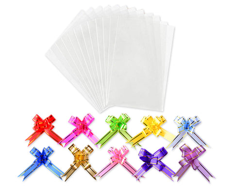 Cellophane Bags 100 Pieces Clear Treat Bags with Colorful Pull Bows