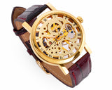 Winner Skeleton Brown Leather Hand Winding Mechanical Watch D160-Gold