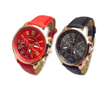 2 Pcs Geneva Unisex Gold Plated Round Leather Wrist Watch