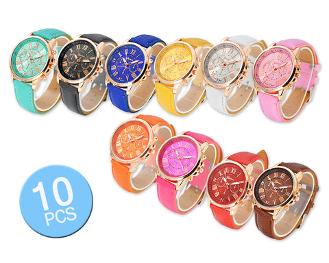 10 Pcs Geneva Unisex Gold Plated Round Leather Wrist Watches