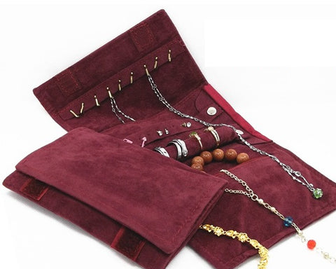 Velvet Small Jewelry Roll Bag Travel Jewelry Organizer - Burgundy