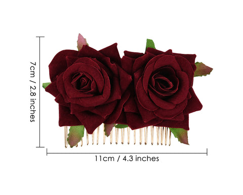 Rose Flower Hair Comb 2 Pieces Bridal Headpiece for Wedding - Wine Red