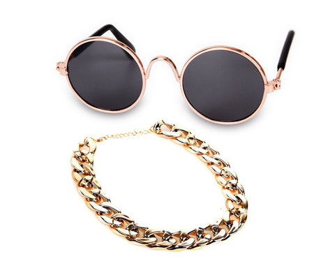 Retro Round Sunglasses with Golden Chain for Cats and Small Dogs