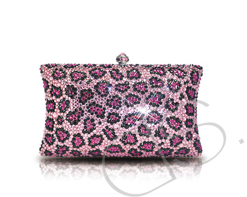 Leopard Blossomed Crystallized Clutch Bag - Pink 15.5cm