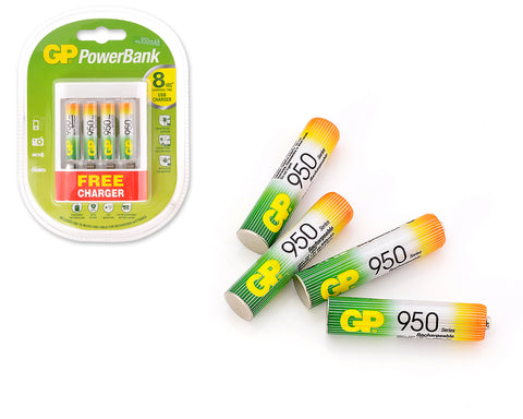 GP NiMH 950 mAh AAA Rechargeable Batteries with Free USB Charger