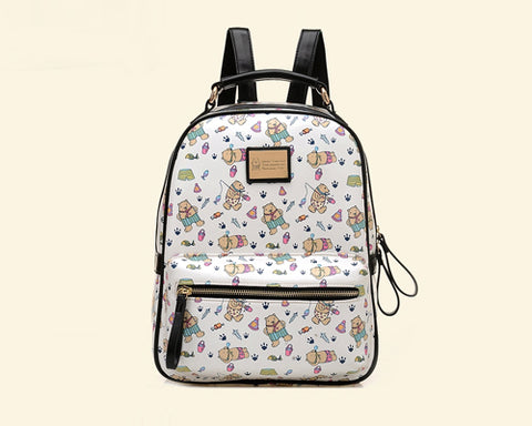 Cute Cartoon PU Leather Backpack with Built-In Handle - White