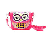 Cartoon Owl Print PU Leather Shoulder Bag - Magenta