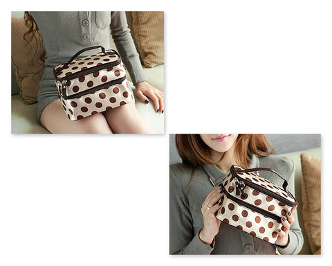 Double Layer Dots Pattern Makeup Bag with Mirror - Beige