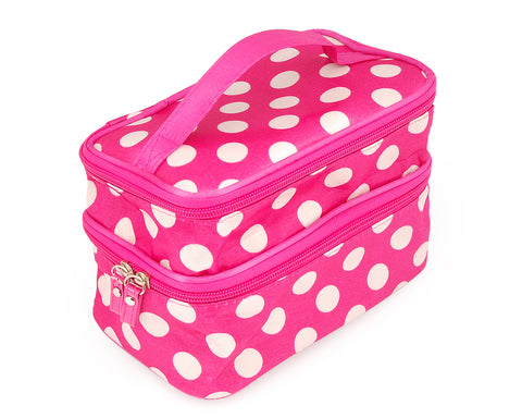 Double Layer Dots Pattern Makeup Bag with Mirror - Magenta