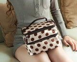 Double Layer Dots Pattern Makeup Bag with Mirror - Brown