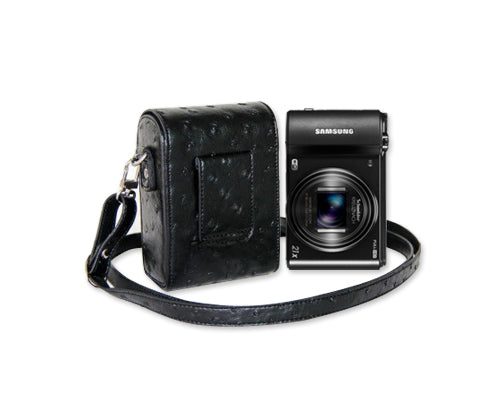 PU Ostrich Leather Mirrorless Camera Bag with Adjustable Strap - Black