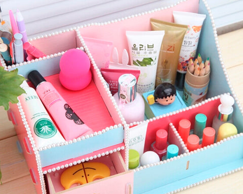 Decorative DIY Colorful Pearl Edged Wooden Desk Cosmetic Storage Box