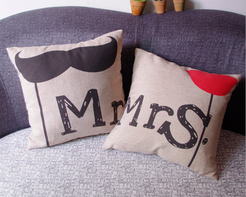 Cute Wedding Decor Mr Beard and Mrs Kiss Throw Pillow Cushion Cover