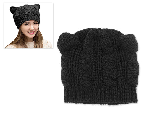 Korean Style Women Winter Cat Ear Knit Hat - Black