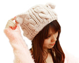 Korean Style Women Winter Cat Ear Knit Hat - Beige