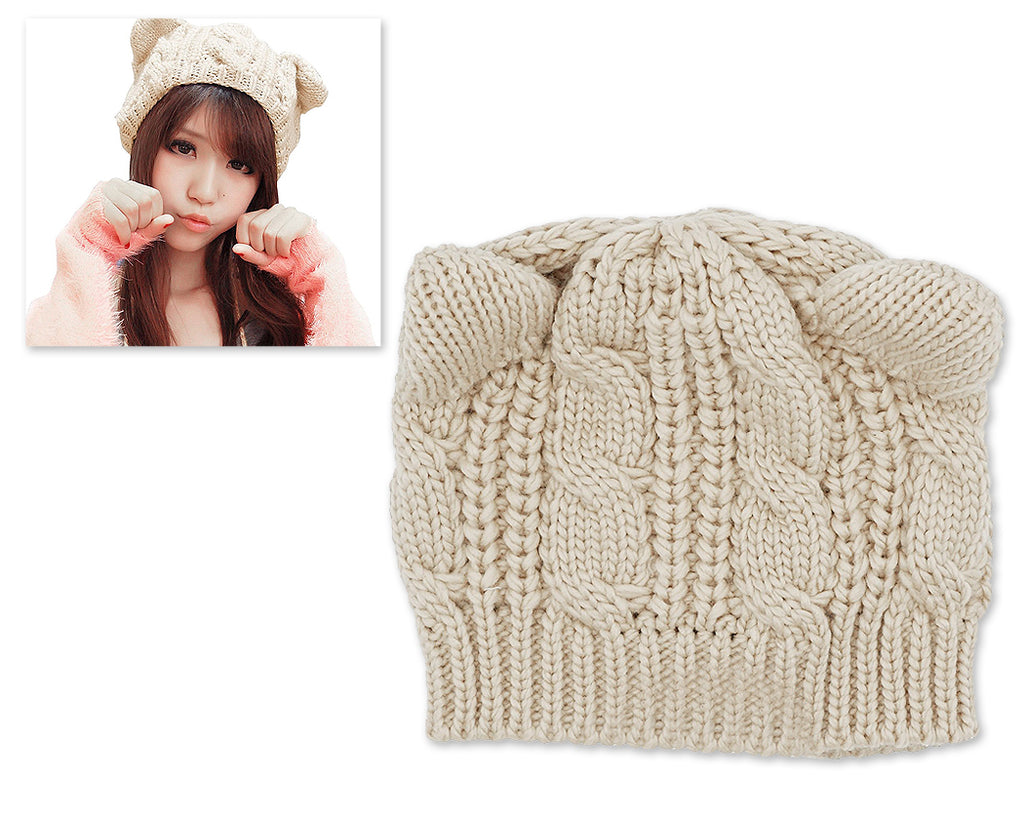 Korean Style Women Winter Cat Ear Knit Hat - Beige