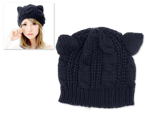 Korean Style Women Winter Cat Ear Knit Hat - Blue