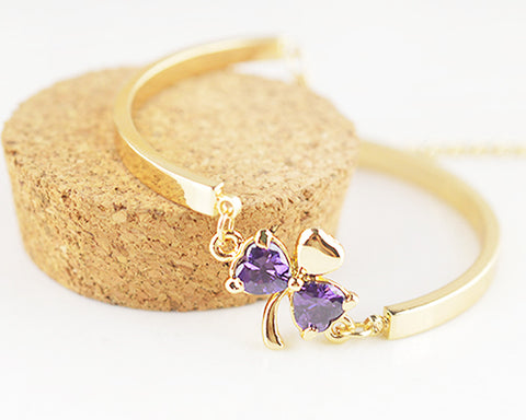 Lucky Three-leaf Clover Purple Crystal Bangle