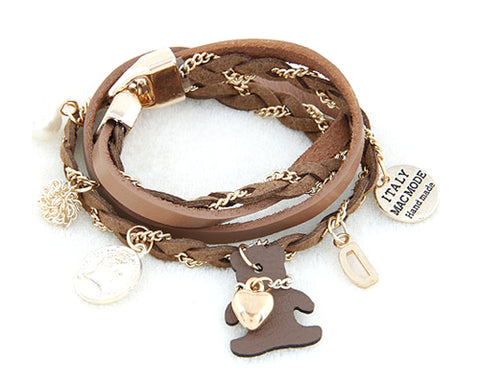 Teddy Bear Pendant Light Brown Leather Bracelet