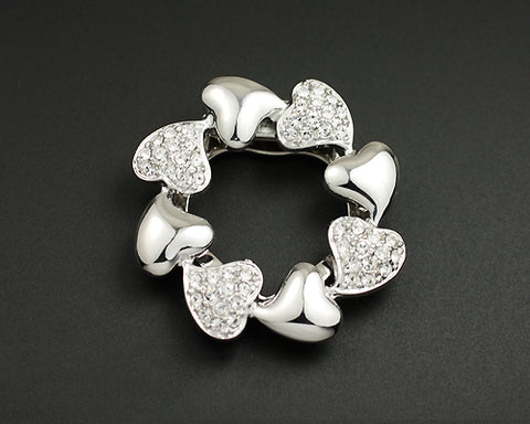 Rounded Heart Silver Crystal Brooch Pin