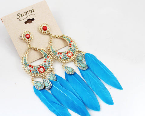 Bohemian Feather Blue Circle Dangle Earrings