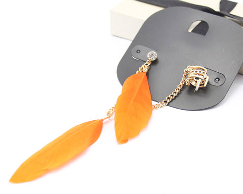 Bohemian Feather Orange Ear Cuff With Chain Earrings