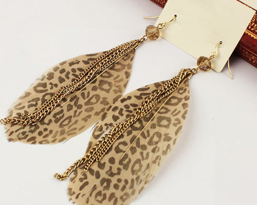 Leopard Bohemian Feather Brown Tassel Earrings