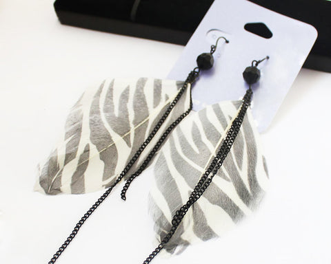 Zebra Bohemian Feather Black Tassel Earrings