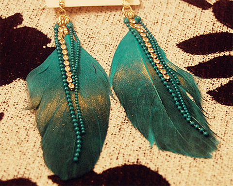 Bling Bohemian Feather Green Tassel Earrings