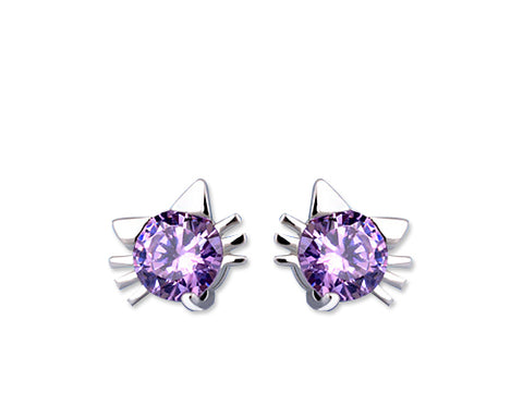 Lovely Cat 925 Sterling Silver Bling Crystal Stud Earrings - Purple