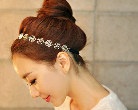 Lovely Rose Elastic Flower Headband - Gold