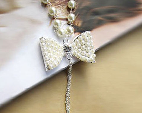 Sweet Bowknot Tassel Pendant Pearl Necklace