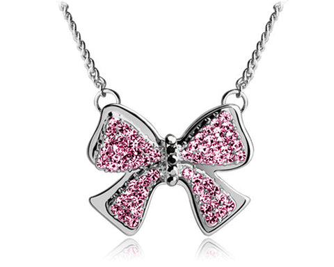 Noble Bow-knot Silver Crystal Necklace - Magenta