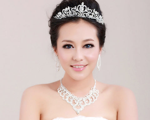 Noble Rhinestone Wedding Necklace and Crown and Earrings Jewelry Set