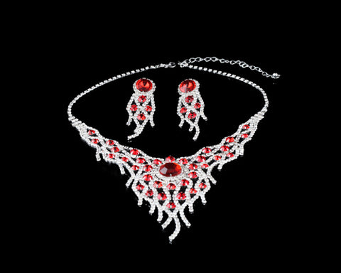 Charming Red Rhinestone Wedding Necklace and Earrings Jewelry Set