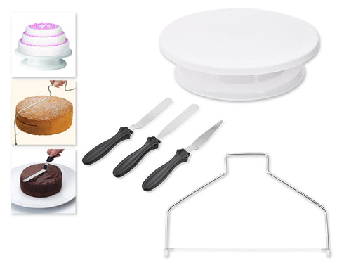 Turntable with 3 Palette Knives and Cutting Wire Cake Decorating Tool Set