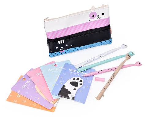 Funny Cats Stationery Set with Pencil Case, Pens and Sticky Notes - B