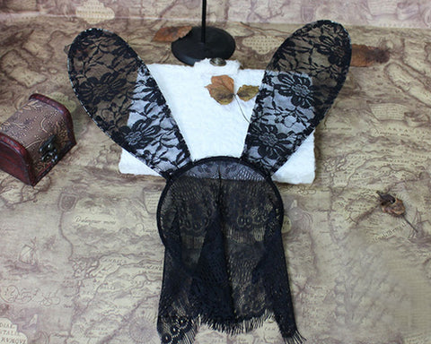 Sexy Rabbit Ears Headband with Lace Mask - Black