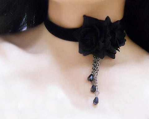 Party Accessory Women Gothic Lolita Lace Crystal Necklace - Black