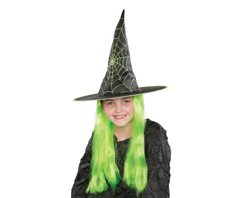 Halloween Party Costume Accessory Kids Witch Hat with Green Wig