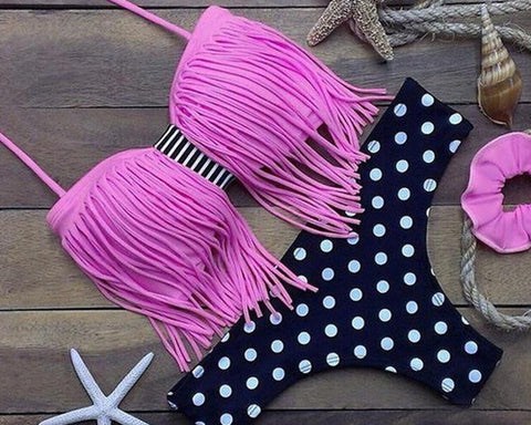 Vintage Pink Bow Fringe Tassel Bikini Set