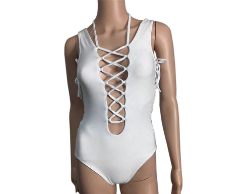 Deep Plunge Strappy Monokini Swimwear - White
