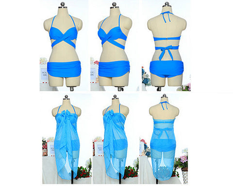 Solid Color Bandage Halter Bikini Set with Cover Up Sarong - Blue